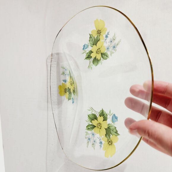 Chance Glass Floral Divided Plate Platter Decorative MCM Vtg Yellow Gold 9 1/2in - Picture 6 of 9